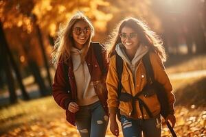 Young and joyful friends, filled with happiness, are seen taking a leisurely and delightful autumn walk together, surrounded by the vibrant and colorful foliage of the season. Generative AI photo