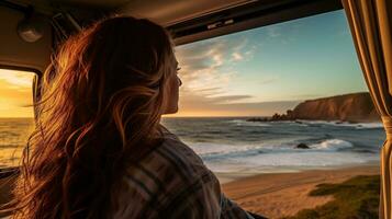 joven mujer en su camper disfrutando un escénico playa vista, un tranquilo momento de pasión de viajar y aventura. generativo ai foto