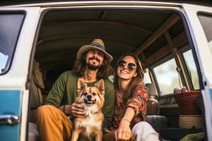 hipster Pareja y su perro disfrutando un cámping aventuras en un mini camioneta aventura, cámping en el genial al aire libre, creando perdurable recuerdos. generativo ai foto