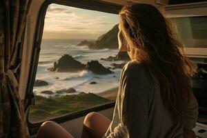 joven mujer en su camper disfrutando un escénico playa vista, un tranquilo momento de pasión de viajar y aventura. generativo ai foto