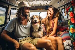 hipster Pareja y su perro disfrutando un cámping aventuras en un mini camioneta aventura, cámping en el genial al aire libre, creando perdurable recuerdos. generativo ai foto