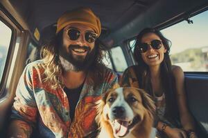 hipster Pareja y su perro disfrutando un cámping aventuras en un mini camioneta aventura, cámping en el genial al aire libre, creando perdurable recuerdos. generativo ai foto