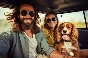 hipster Pareja y su perro disfrutando un cámping aventuras en un mini camioneta aventura, cámping en el genial al aire libre, creando perdurable recuerdos. generativo ai foto