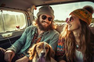 hipster Pareja y su perro disfrutando un cámping aventuras en un mini camioneta aventura, cámping en el genial al aire libre, creando perdurable recuerdos. generativo ai foto