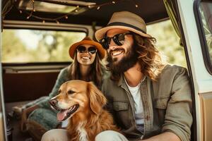 hipster Pareja y su perro disfrutando un cámping aventuras en un mini camioneta aventura, cámping en el genial al aire libre, creando perdurable recuerdos. generativo ai foto