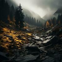 Spooky autumn mountains covered in fog, creating a mysterious and eerie atmosphere. Generative AI photo