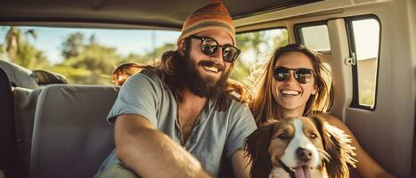 hipster Pareja y su perro disfrutando un cámping aventuras en un mini camioneta aventura, cámping en el genial al aire libre, creando perdurable recuerdos. generativo ai foto