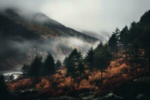 Spooky autumn mountains covered in fog, creating a mysterious and eerie atmosphere. Generative AI photo