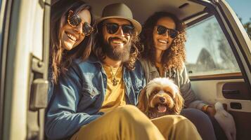 hipster Pareja y su perro disfrutando un cámping aventuras en un mini camioneta aventura, cámping en el genial al aire libre, creando perdurable recuerdos. generativo ai foto