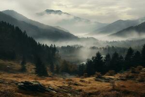 escalofriante otoño montañas cubierto en niebla, creando un misterioso y misterioso atmósfera. generativo ai foto