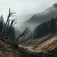 Spooky autumn mountains covered in fog, creating a mysterious and eerie atmosphere. Generative AI photo