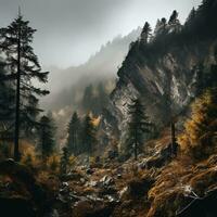 Spooky autumn mountains covered in fog, creating a mysterious and eerie atmosphere. Generative AI photo