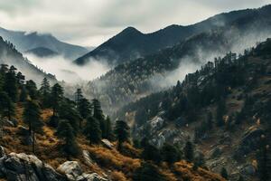 Spooky autumn mountains covered in fog, creating a mysterious and eerie atmosphere. Generative AI photo