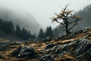 Spooky autumn mountains covered in fog, creating a mysterious and eerie atmosphere. Generative AI photo