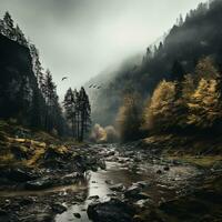Spooky autumn mountains covered in fog, creating a mysterious and eerie atmosphere. Generative AI photo