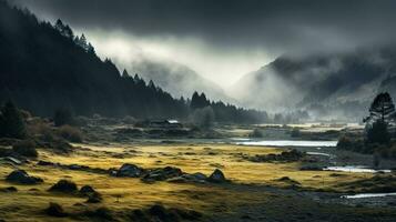 Spooky autumn mountains covered in fog, creating a mysterious and eerie atmosphere. Generative AI photo
