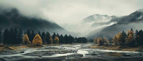 Spooky autumn mountains covered in fog, creating a mysterious and eerie atmosphere. Generative AI photo