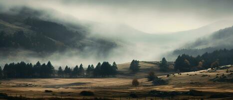 Spooky autumn mountains covered in fog, creating a mysterious and eerie atmosphere. Generative AI photo