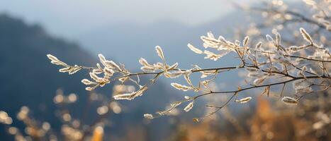 Gentle mountain forest breeze, snowy sky backdrop, swaying winter plants, and serene branches in a tranquil natural scene. Generative AI photo