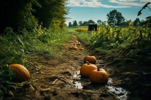 Rainy autumn day at a pumpkin farm, perfect for family picking. Get your Thanksgiving pie ingredients and enjoy organic, non-GMO veggies. Generative AI photo