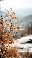 Gentle mountain forest breeze, snowy sky backdrop, swaying winter plants, and serene branches in a tranquil natural scene. Generative AI photo