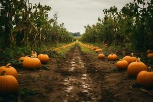 Rainy autumn day at a pumpkin farm, perfect for family picking. Get your Thanksgiving pie ingredients and enjoy organic, non-GMO veggies. Generative AI photo