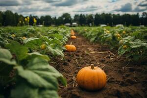 Rainy autumn day at a pumpkin farm, perfect for family picking. Get your Thanksgiving pie ingredients and enjoy organic, non-GMO veggies. Generative AI photo