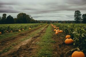 Rainy autumn day at a pumpkin farm, perfect for family picking. Get your Thanksgiving pie ingredients and enjoy organic, non-GMO veggies. Generative AI photo