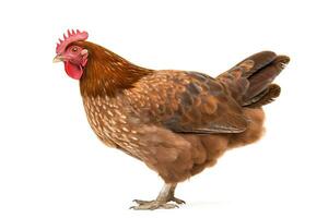 Brown chicken standing on white background, looking at camera with bright eyes. Generative AI photo