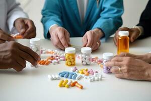 Group of people sitting around a table with pills, contemplating their next move. photo