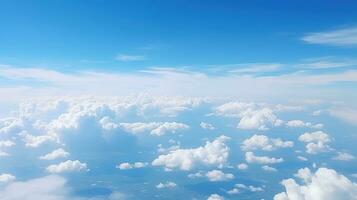 Panoramic view of fields and clouds from an airplane window. The sky is a bright blue with fluffy white clouds. Generative AI photo