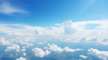 Panoramic view of fields and clouds from an airplane window. The sky is a bright blue with fluffy white clouds. Generative AI photo