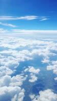 Panoramic view of fields and clouds from an airplane window. The sky is a bright blue with fluffy white clouds. Generative AI photo