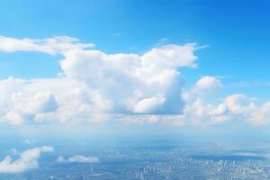 Panoramic view of fields and clouds from an airplane window. The sky is a bright blue with fluffy white clouds. Generative AI photo