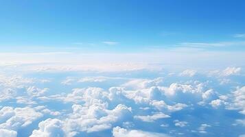 panorámico ver de campos y nubes desde un avión ventana. el cielo es un brillante azul con mullido blanco nubes generativo ai foto