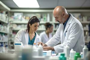 Pharmacist mixing a medicine with senior at the hospital pharmacy. Generative AI photo