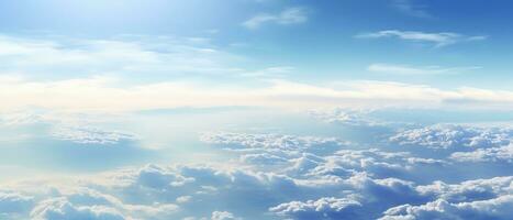 Panoramic view of fields and clouds from an airplane window. The sky is a bright blue with fluffy white clouds. Generative AI photo