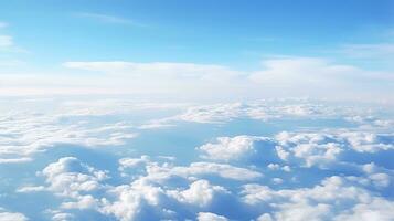 Panoramic view of fields and clouds from an airplane window. The sky is a bright blue with fluffy white clouds. Generative AI photo