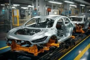 Car production line features automated robots expertly assembling vehicles AI Generated photo
