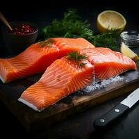 Fresh salmon slices on the dark background. AI Generative photo