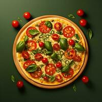 Vegetable pizza with cheese and tomatoes. High resolution. AI Generative photo