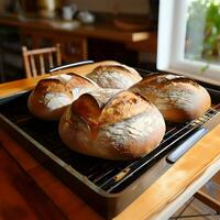 Bread on a baking tray. High resolution. AI Generative photo