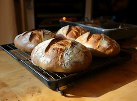 Bread on a baking tray. High resolution. AI Generative photo