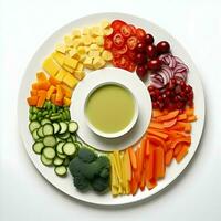 Freshly sliced vegetables arranged on a plate with sauce on the dark background. Ai generative photo