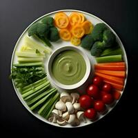 Freshly sliced vegetables arranged on a plate with sauce on the dark background. Ai generative photo