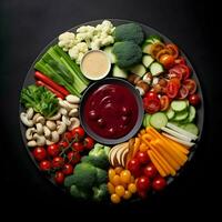 Freshly sliced vegetables arranged on a plate with sauce on the dark background. Ai generative photo