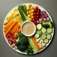 Freshly sliced vegetables arranged on a plate with sauce on the dark background. Ai generative photo