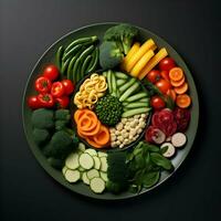 Freshly sliced vegetables arranged on a plate with sauce on the dark background. Ai generative photo