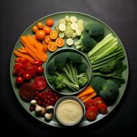 Freshly sliced vegetables arranged on a plate with sauce on the dark background. Ai generative photo