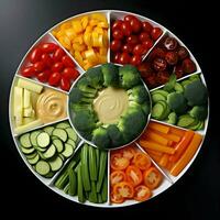 Freshly sliced vegetables arranged on a plate with sauce on the dark background. Ai generative photo